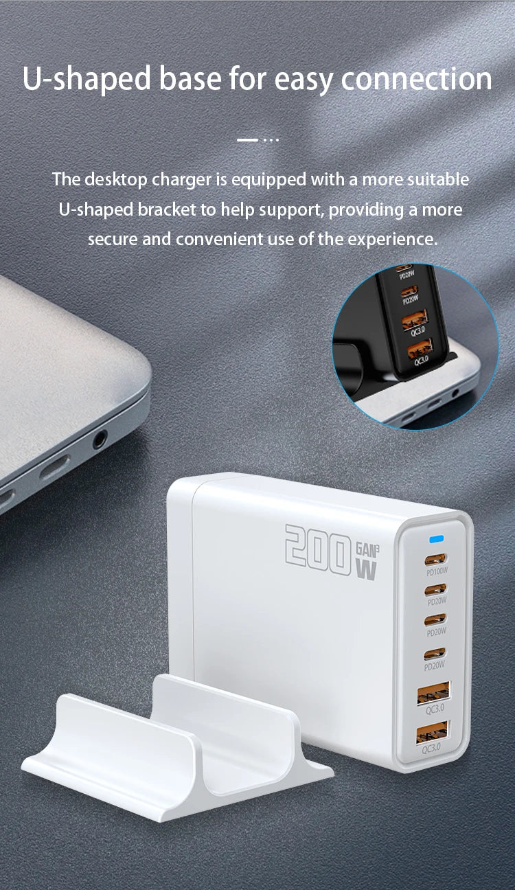 200W Gallium Nitride Multi Port Charging Station - Electronic Devices for Mobile Phones/Tablets Can Be Charged Simultaneously
