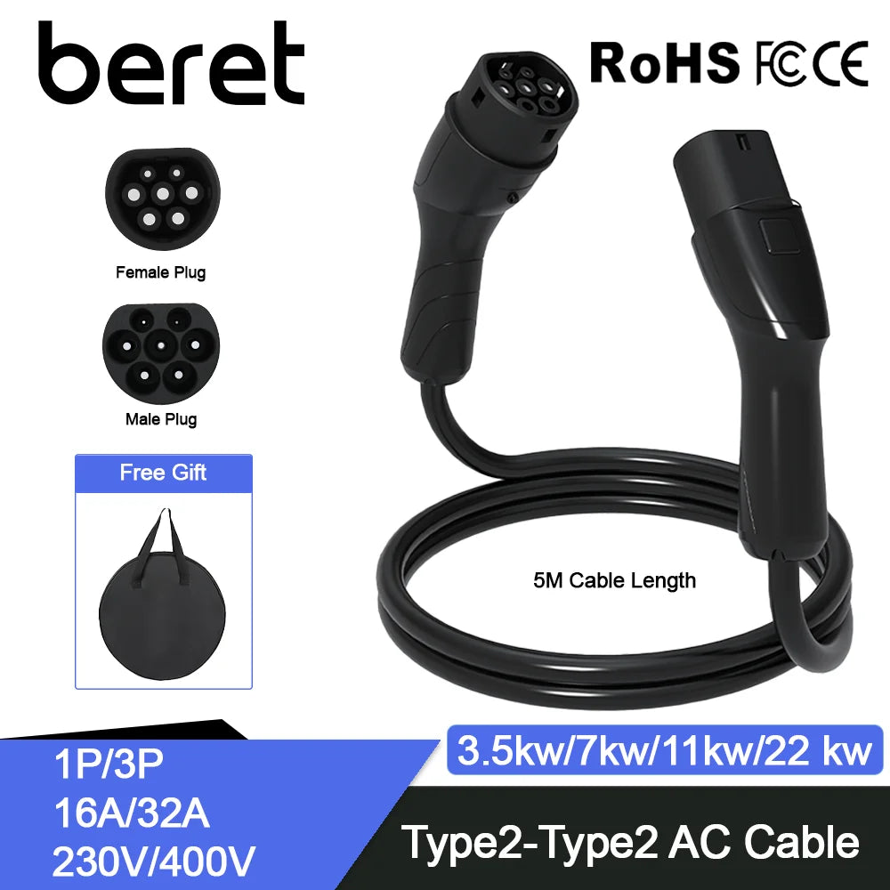 Type2 To Type2 Portable 5M EV Charging Cable 32/16A 3.5/7/11/22KW For EV Cars Full Length 5M With Public Charging Stations