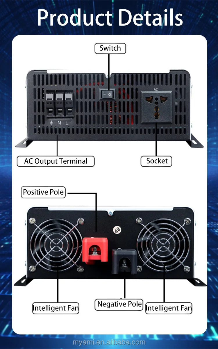 MYAMi Offgrid DC to Ac Converter 12V 24V 48V 60V 72V Pure Sine Wave 4KW 5KW 6KW 10000W Off Grid Solar System Car Power Inverters