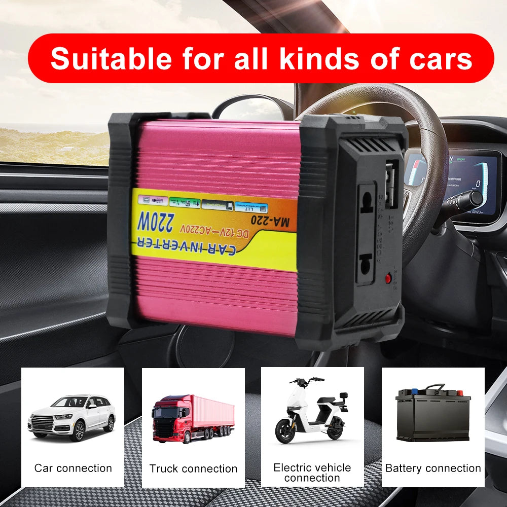 220W Automobile Inverter 12V To 220V Converter Car Inverters 1+1 USB Charger Port 220V AC Powe Socket Storage Batteries Inverter