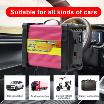 220W Automobile Inverter 12V To 220V Converter Car Inverters 1+1 USB Charger Port 220V AC Powe Socket Storage Batteries Inverter