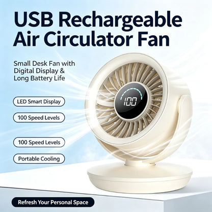 USB Rechargeable Air Circulator Fan with Digital Display Long Battery Life Small Desk Fan for Office Dorm Home Portable