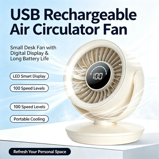 USB Rechargeable Air Circulator Fan with Digital Display Long Battery Life Small Desk Fan for Office Dorm Home Portable