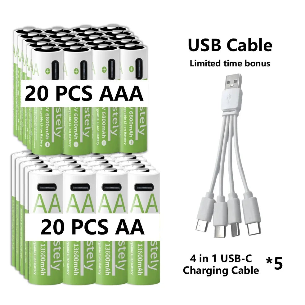 1.5V AA/AAA Li-ion Batteries 13600+6800mAh Ultra-Fast Charge 2000+ Cycles w/ free USB-C Cable for Toys, Remote Controls, Cameras