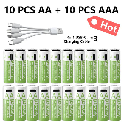 1.5V AA/AAA Li-ion Batteries 13600+6800mAh Ultra-Fast Charge 2000+ Cycles w/ free USB-C Cable for Toys, Remote Controls, Cameras