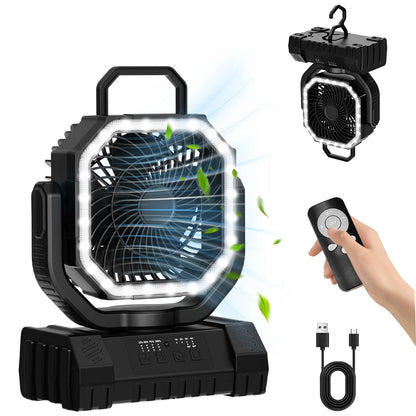 20000mAh Battery Powered Fan Rechargeable Camping Fan 4 Speeds Gear with LED Outdoor Tent Fans with Hanging Hook Remote
