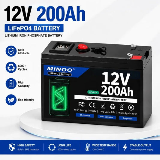 12 V 200Ah LiFePO4 Battery Lithium Iron Phosphate Rechargeable Battery With BMS 6000+ Cycles For Solar RV Marine Energy Storage