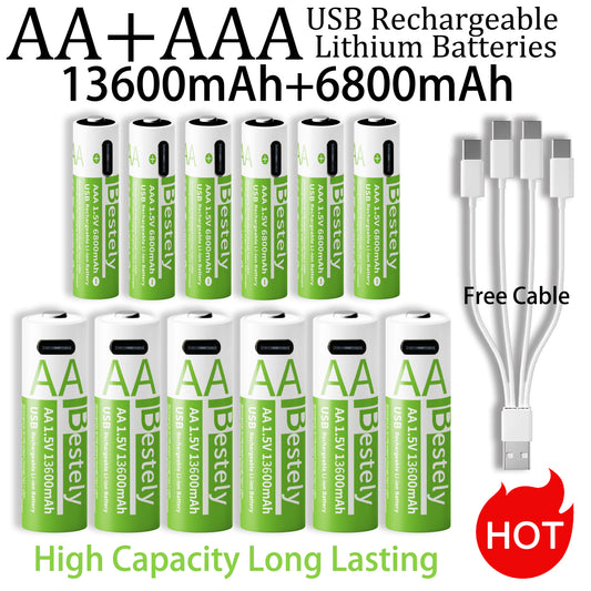 New 1.5V AAA 6800mAh +AA 13600mAh Rechargeable Lithium Batteries Fast Charging USB Li-ion Battery 2000 Cycles with USB- C Cable