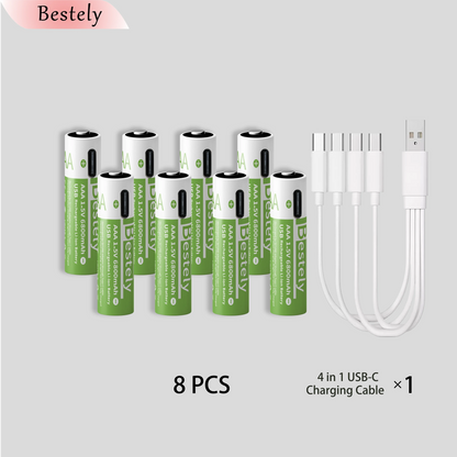 High Capacity 6800mAh 1.5v AAA Rechargeable Lithium Battery , USB-C 1.5V AAA Li-ion Battery 2000 times cycle with cable for free