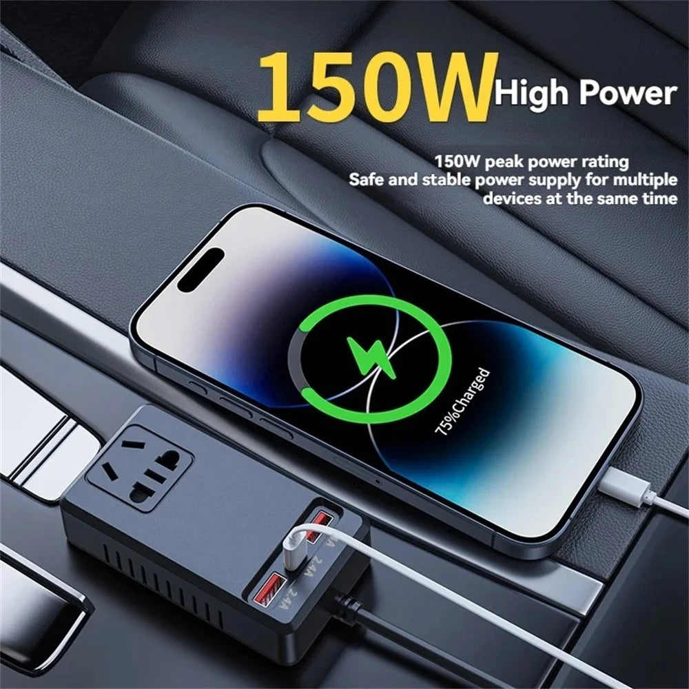 150W Car Inverter DC12V/24V to DC110V/220V USB C Car Charger Sockets Power Inverter Adapters Fast Charging Automobiles Inverters