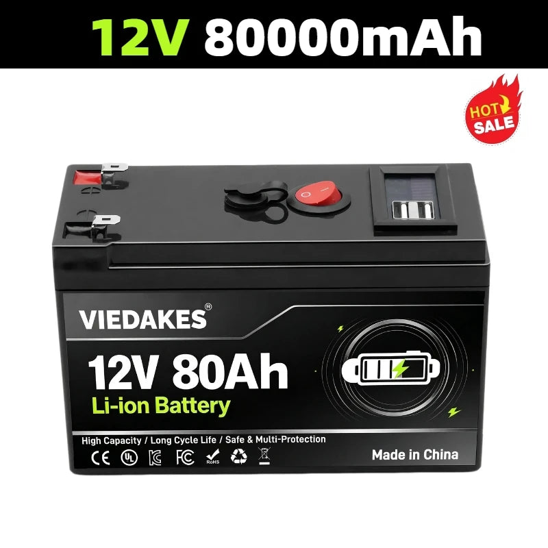 High Power 12V Lithium Battery With LED Power Display & Dual USB Port Built in BMS. For RV Driving And Camping.
