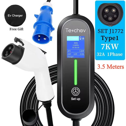 Teschev Type 1 Portable EV Charger 7KW 32A 1Phase Wallbox GBT EVSE Fast Charging Cable CEE Plug Electrical Home Charging Station
