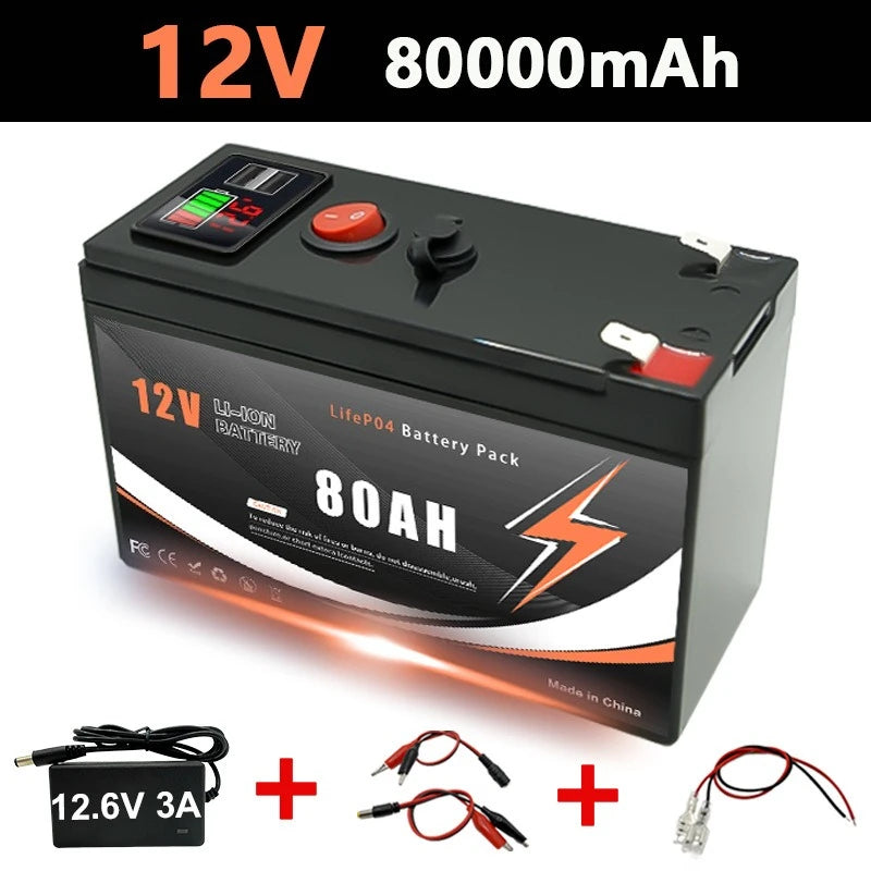 12V 60/80/100/120/150Ah Lithium-ion Battery Pack with LED Display & Dual USB Ports Built-in BMS for Home Energy Storage Battery