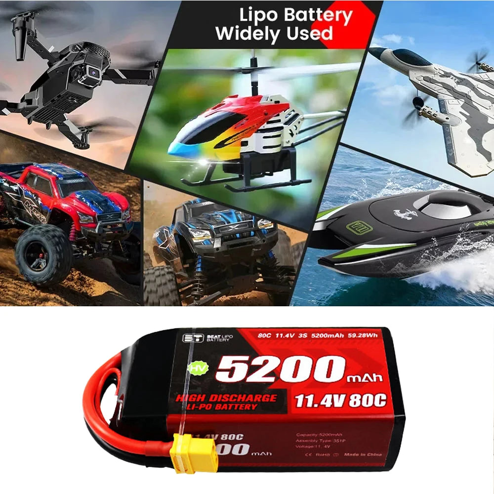 3S LiPo Battery 5200mAh 11.4V 80C Shorty Pack Battery for RC Car Vehicles Boat Drone RC Helicopter FPV Racing Hobby Models