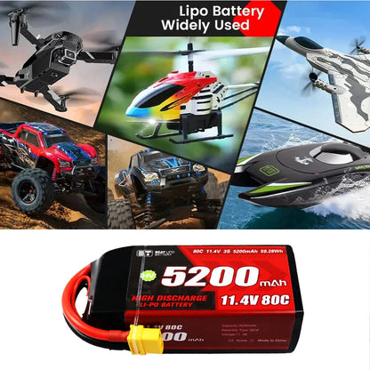 3S LiPo Battery 5200mAh 11.4V 80C Shorty Pack Battery for RC Car Vehicles Boat Drone RC Helicopter FPV Racing Hobby Models