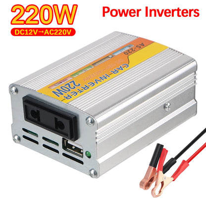 220W Power Inverter Car Mounted Solar Inverter USB Voltage Transformer Portable DC 12V To AC 220V Conversion USB Battery Clip