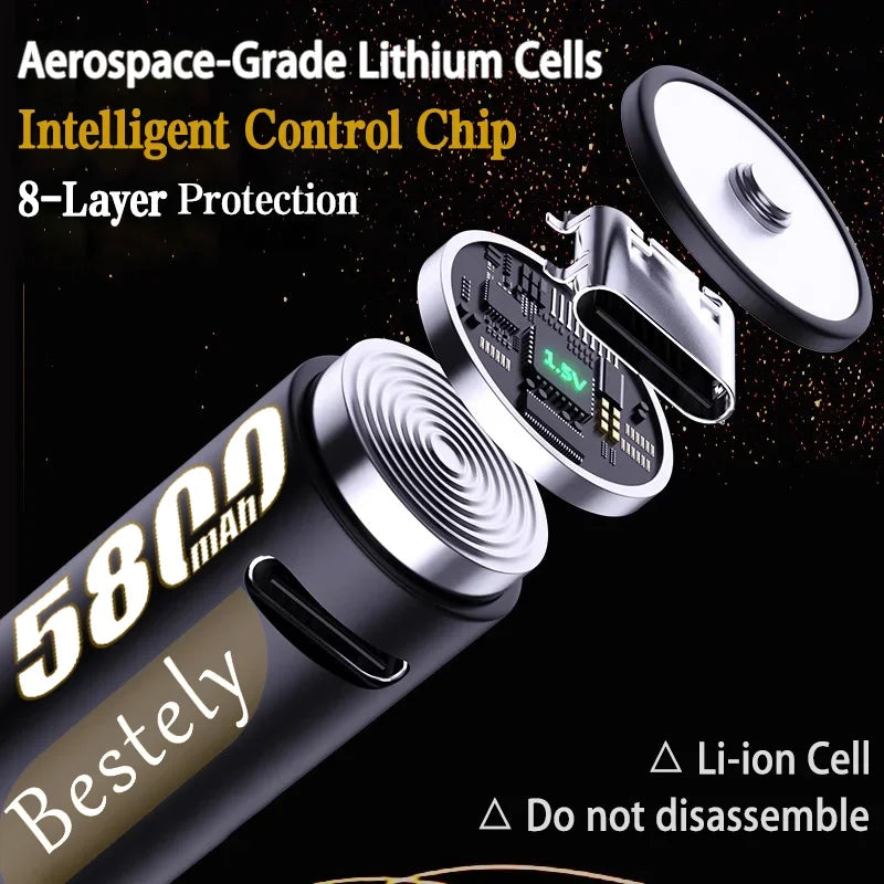 New 1.5V AA 5800mAh Rechargeable Batteries/ Li-ion Battery Long-Lasting/High Capacity Lithium Akku/2000 Cycles with USB-C Cables