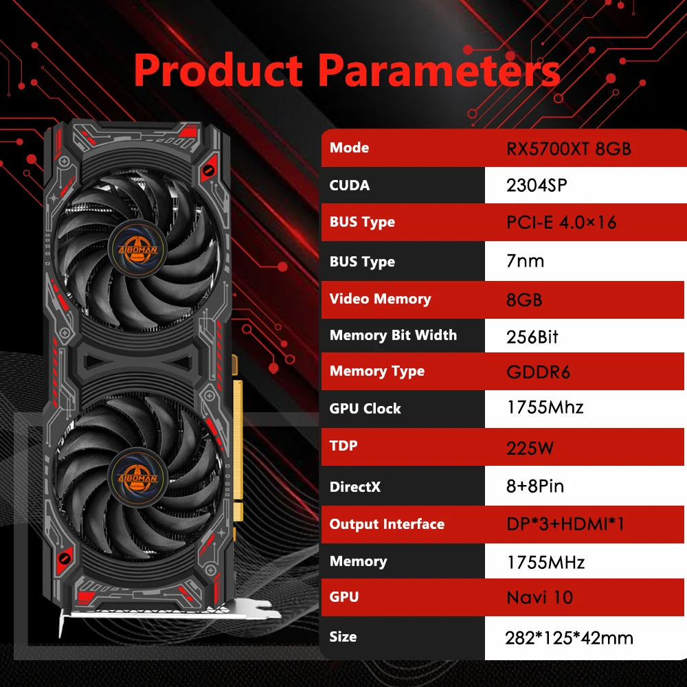 AIBOMAN Graphics card RX5700XT 8GB 256Bit GDDR6 BUSType PCI-E 4.0x16 Computer Assembly Accessories Graphics card