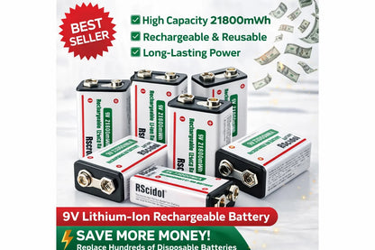 Rechargeable Li-ion High Capacity Battery, 1200+ Cycles, Constant Output for 9V Devices