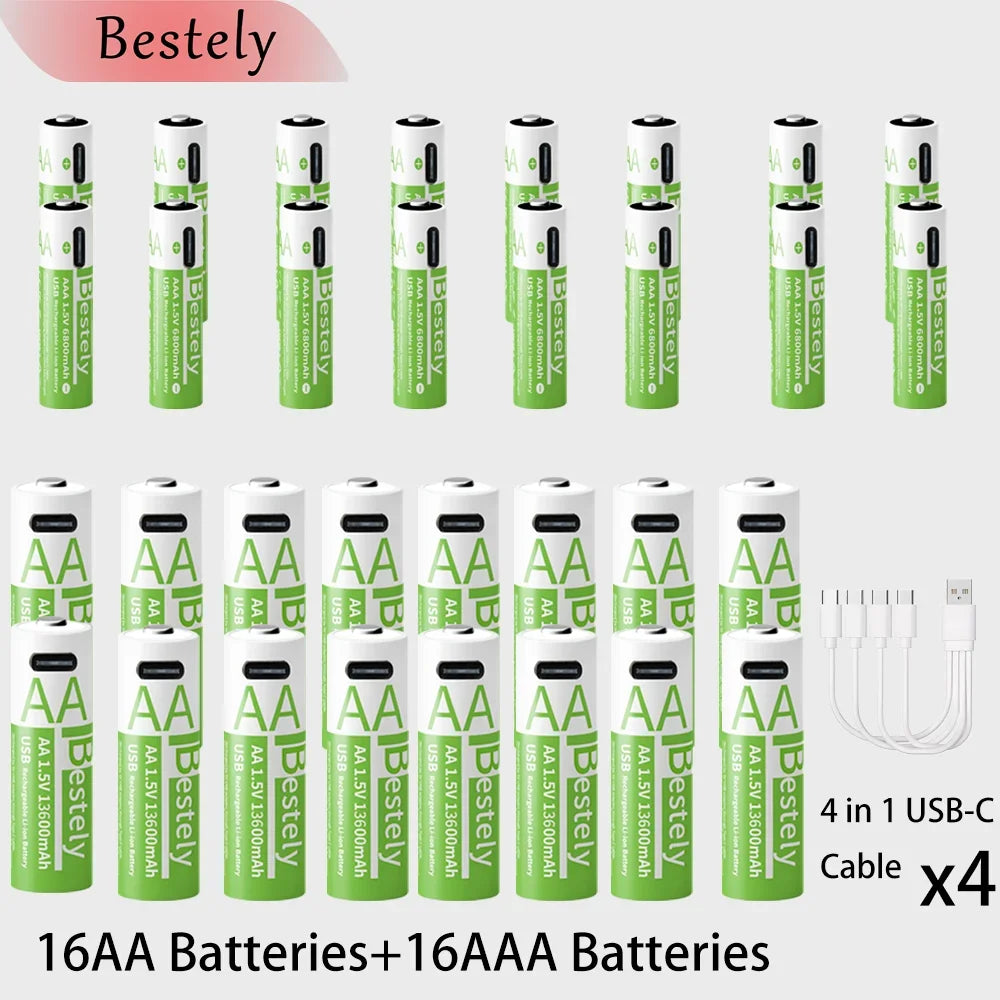 New 1.5V AAA 6800mAh +AA 13600mAh Rechargeable Lithium Batteries Fast Charging USB Li-ion Battery 2000 Cycles with USB- C Cable