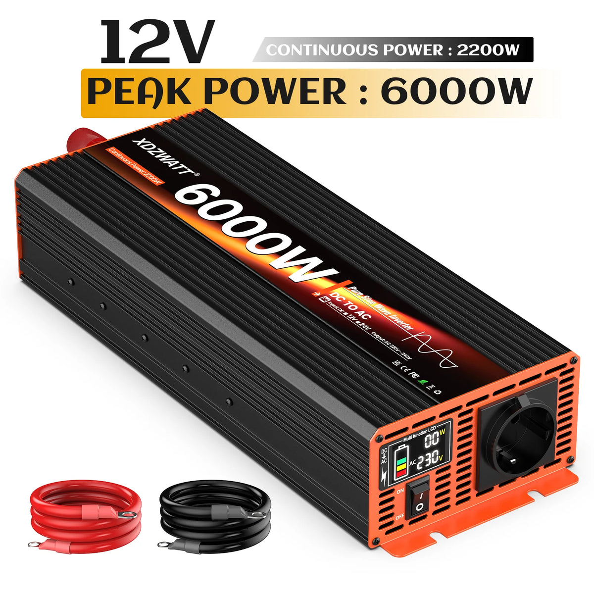 7000W Peak Power Pure Sine Wave Inverter DC 12V to AC 220V 230V EU Socket For RV Travel Household Appliances LCD Display Protect