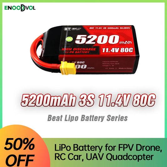 3S LiPo Battery 5200mAh 11.4V 80C Shorty Pack Battery for RC Car Vehicles Boat Drone RC Helicopter FPV Racing Hobby Models