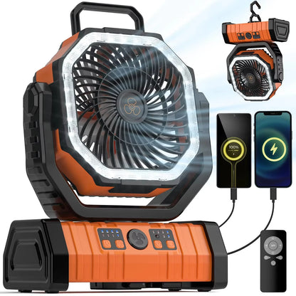 Camping Fan 10000mAh Battery Powered Fan Rechargeable with LED Light Portable Outdoor Tent Fan with Hanging Hook