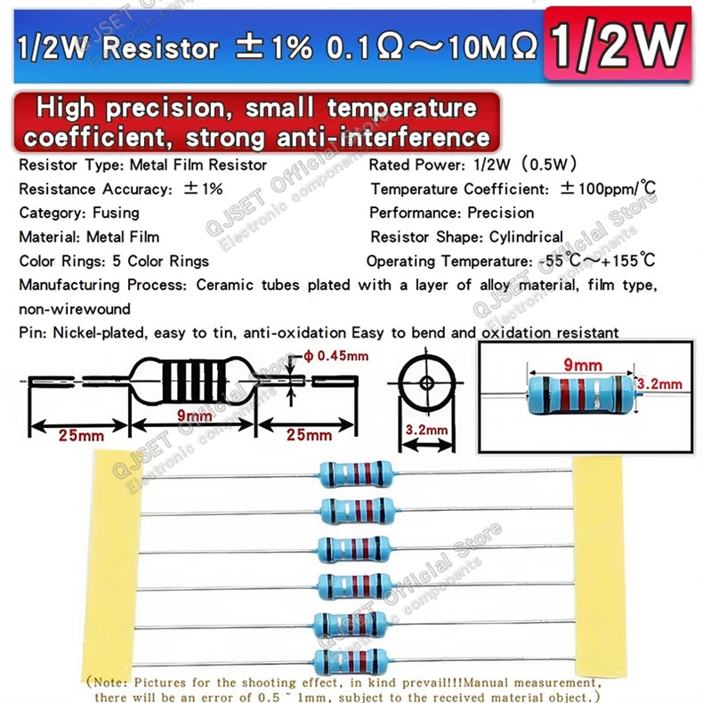 100pcs 1/4W Metal Film Resistor Element 1% 0.25W 1K 1.5K 2.2K 4.7K 10K 22K 47K 100K 470k 100 220  4K7 Ohm 5 Color Ring Resistors