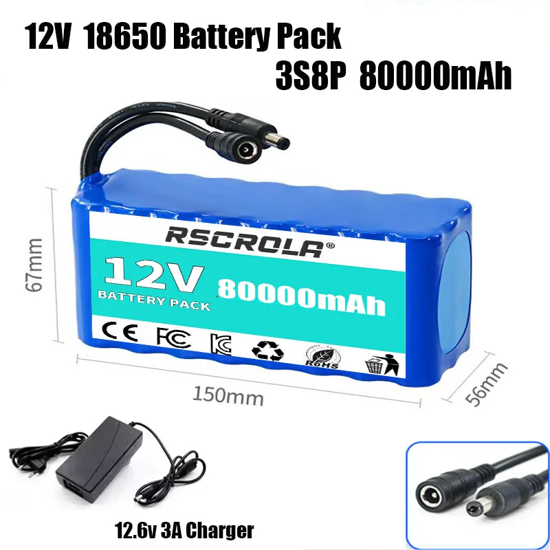 Rechargeable 12V 18650 Lithium Battery Pack with BMS, for Solar, LED Light, RC Model, Power Supply, Long Cycle Life with Charger