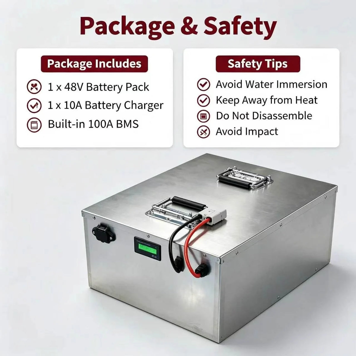 High Quality 48V 100Ah 110Ah 120Ah 150Ah 180Ah 200Ah Li-ion Battery Pack with BMS for 2kW, 5kW Motor +10A Charger