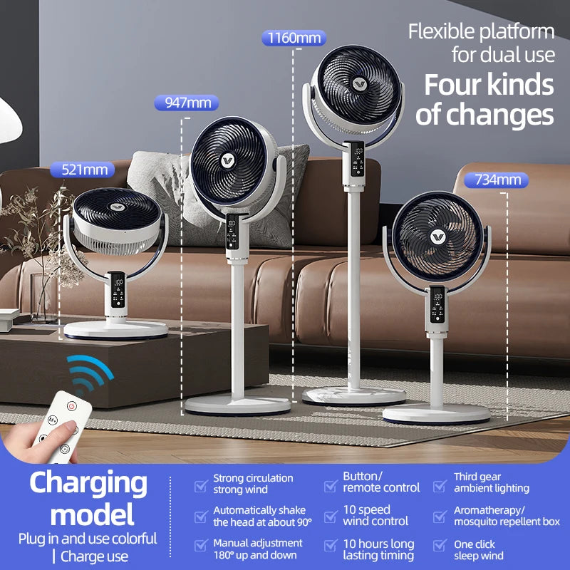 High Quality Floor Fan Air Circulation Fan Rechargeable DC 12V Fan 9000mAh Large Battery Scalable Fan Outdoor Fan with Remote