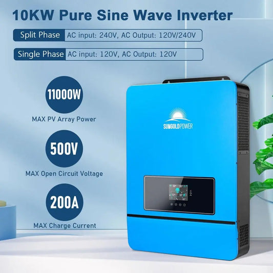 SUNGOLDPOWER 10000W 48V Solar Inverter, Built-in 2 MPPTs, Max 200A Charging, Split Phase AC Input/Output 120V/240V(settable),Pur