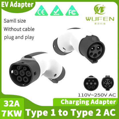EV Charger Adapter Type 1 to Type 2 Converter 32A 7KW 250v EVSE Charging Station J1772 to Type 2 Adapter for IEC 62196-2 EV Car