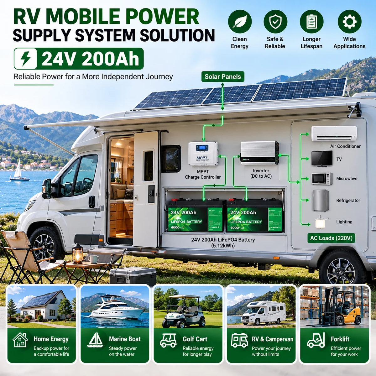 24V 200Ah LiFePO4 Battery 5.12kWh Bluetooth 8S 200A BMS 6000 Cycles 100Ah 300Ah 12V Lithium Battery for Marine RV Solar Off-Grid
