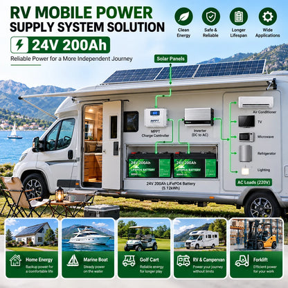 24V 200Ah LiFePO4 Battery 5.12kWh Bluetooth 8S 200A BMS 6000 Cycles 100Ah 300Ah 12V Lithium Battery for Marine RV Solar Off-Grid