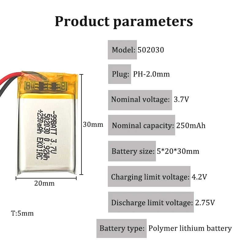 Lithium Polymer Battery 502030 3.7V 250mAh Rechargeable LiPo Cell for Toys LED Light Bluetooth Earphone For Smart Watch