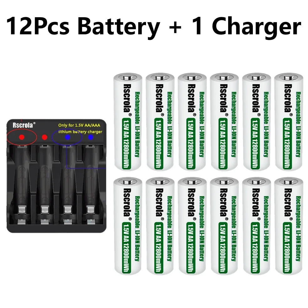 Rechargeable Lithium Battery AA 12800mWh Long-Lasting AA Rechargeable Batteries with Charger for Remote Controller Toys Doorbell