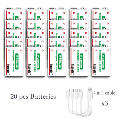 Long-Lasting 9V Lithium ion Rechargeable Battery 21800mWh High Capacity for Guitar Microphone Smoke Detector Pedal with Cable