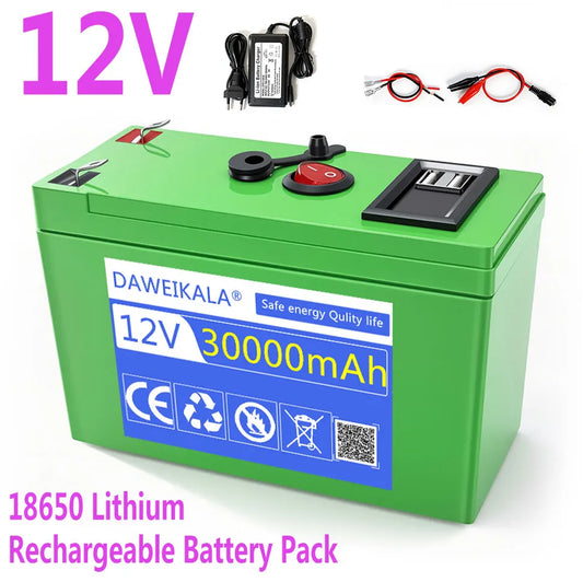12V Rechargeable Battery Pack 10-30Ah , for LED lights, camping, and home backup power supply 18650 Lithium Battery +Charger