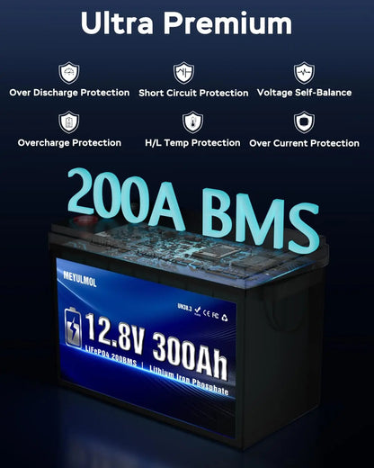 12V 300Ah LiFePO4 Lithium Battery 200A BMS 15000 Cycles 3840Wh Rechargeable Low Temp Protection RV Solar Marine Panel Camping