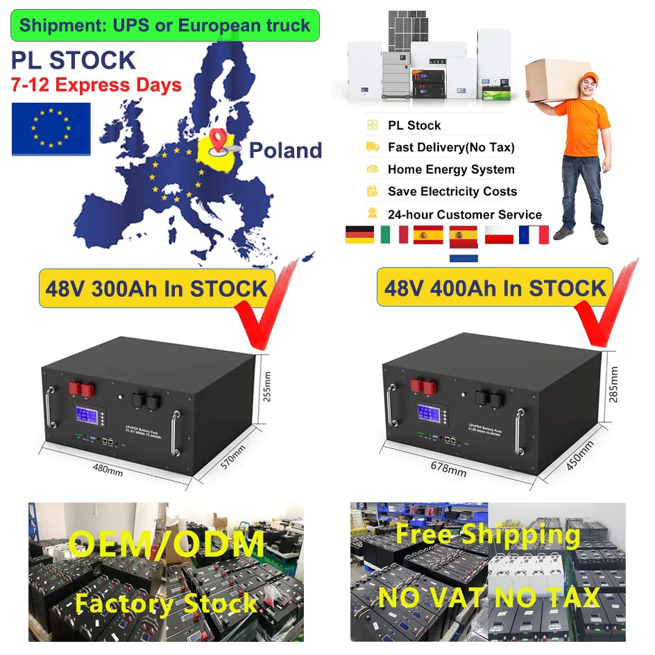 LiFePO4 48V 400Ah 20Kwh Battery 6500 Cycles 51.2V 100Ah 120Ah 150Ah 200Ah 300Ah 600Ah Lithium Solar Energy Storage AKKU EU STOCK