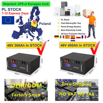 LiFePO4 48V 400Ah 20Kwh Battery 6500 Cycles 51.2V 100Ah 120Ah 150Ah 200Ah 300Ah 600Ah Lithium Solar Energy Storage AKKU EU STOCK