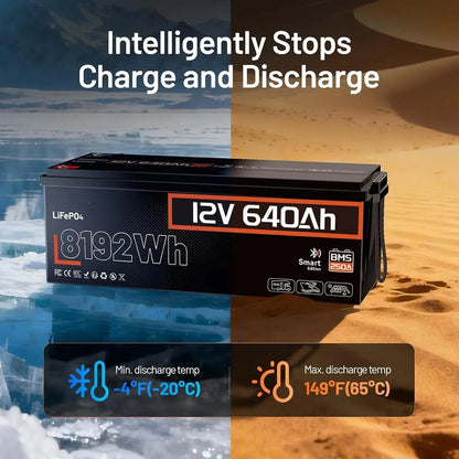 12V 640Ah LiFePO4 Battery, 8.19kWh Massive Capacity Lithium Battery with 250A BMS (3200W Output), Bluetooth & Low-Temp, Custom