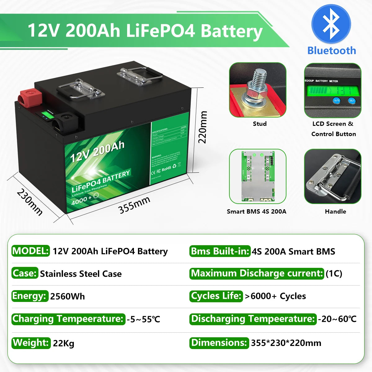 24V 200Ah LiFePO4 Battery 5.12kWh Bluetooth 8S 200A BMS 6000 Cycles 100Ah 300Ah 12V Lithium Battery for Marine RV Solar Off-Grid
