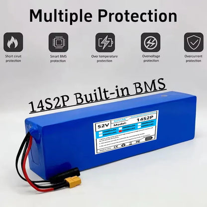 Batterie Li-ion 52V 5200mAH Avec BMS, 14S2P, Batterie 1500W Intégrée Pour Vélos, Scooters, Motos + Chargeur 58,8V2A