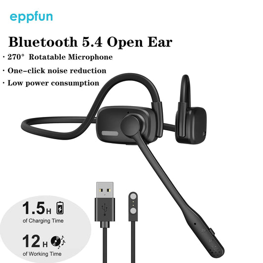 Open Ear Headset Bluetooth V5.4 Wireless Headphones with Noise Cancelling Mic for Office Meeting Running Cycling Driving (Black)