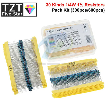 TZT 600pcs/set 30 Kinds 1/4W Resistance 1% Resistors Pack Kit 1K 10K 100K 220ohm 1M Resistors 300pcs/set
