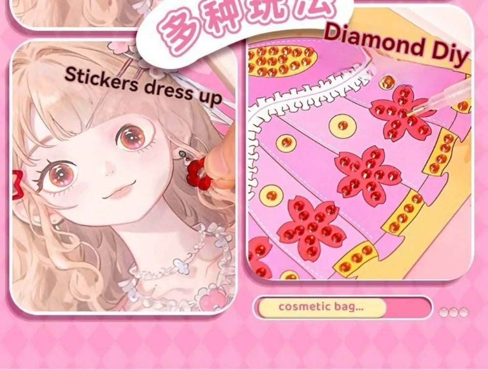 New 3 in 1 DIY Princess Makeup Set Diamond Sticker Princess Dress Up Book Gifts Paper Art Craft Kits Children