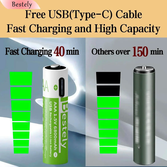 High Capacity 6800mAh 1.5v AAA Rechargeable Lithium Battery , USB-C 1.5V AAA Li-ion Battery 2000 times cycle with cable for free