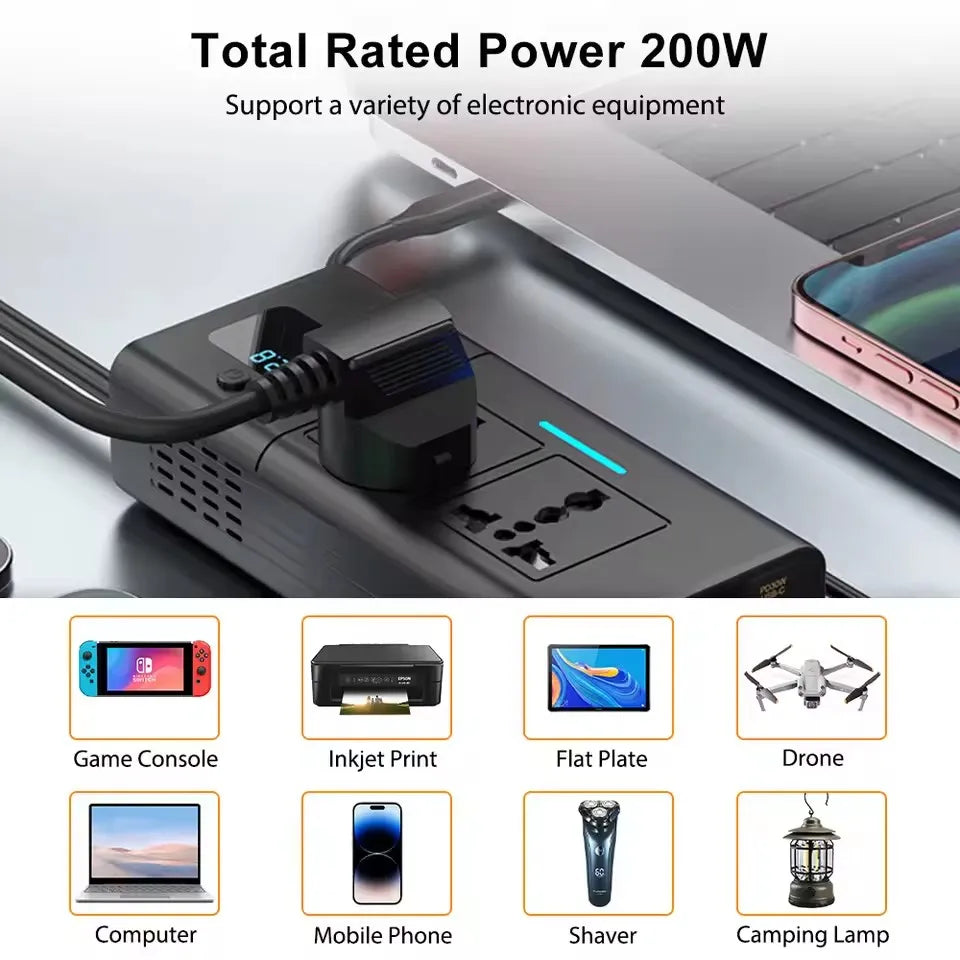 Car 220v Inverter 12 to 220 Voltage Power Converter 200W for 12V Vehicles